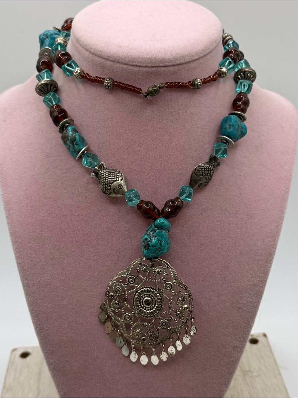 Boho Turquoise & Brown glass Pendant Necklace